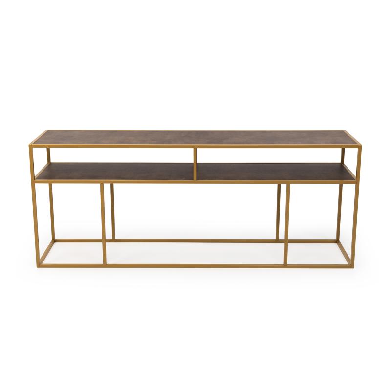 Stalux Side-table 'Teun' 200cm, kleur goud / lederlook bruin