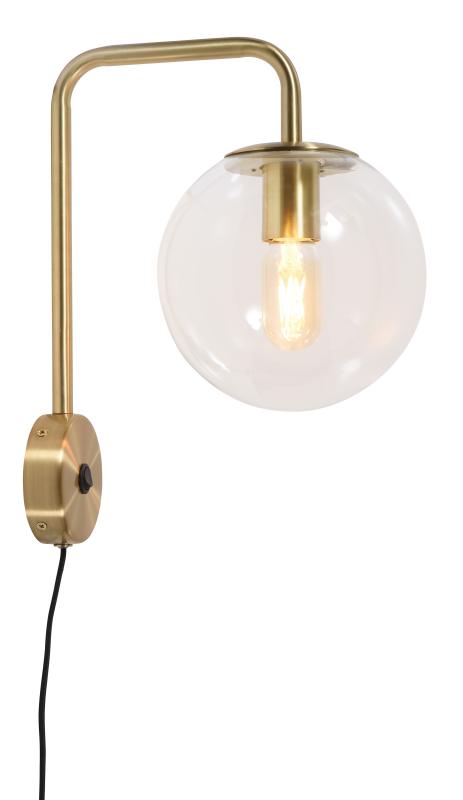 Wandlamp ijzer/glas Warsaw h.38cm/bol dia.20cm, transparant/goud